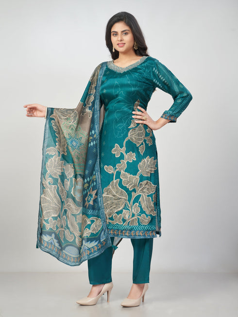 Amchoor Teal SILK Digital Prints Kurti Set for Womens