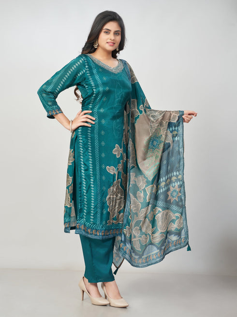 Amchoor Teal SILK Digital Prints Kurti Set for Womens