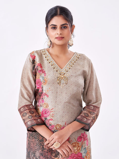 Amchoor Grey Tissue Floral Kurti Set for Womens