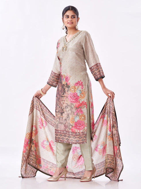 Amchoor Grey Tissue Floral Kurti Set for Womens