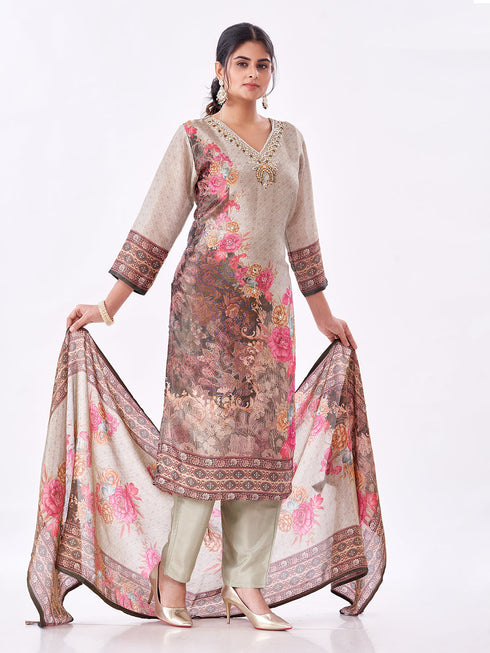 Amchoor Grey Tissue Floral Kurti Set for Womens