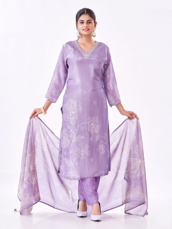 Amchoor Purple Tissue Digital Prints Kurti Set for Womens