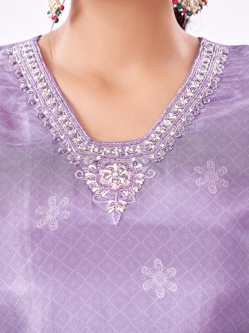 Amchoor Purple Tissue Digital Prints Kurti Set for Womens