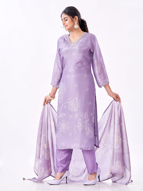 Amchoor Purple Tissue Digital Prints Kurti Set for Womens