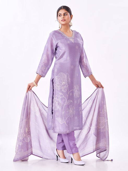 Amchoor Purple Tissue Digital Prints Kurti Set for Womens