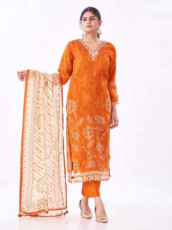 Amchoor Orange Organza Solid Kurti Set for Womens