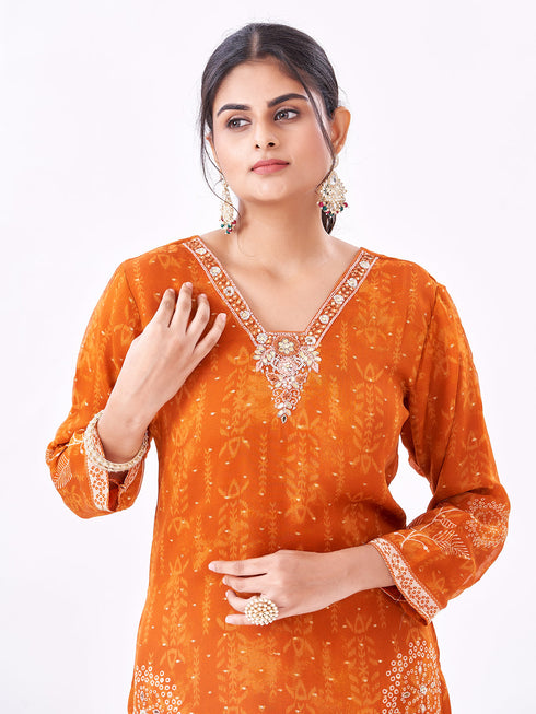 Amchoor Orange Organza Solid Kurti Set for Womens