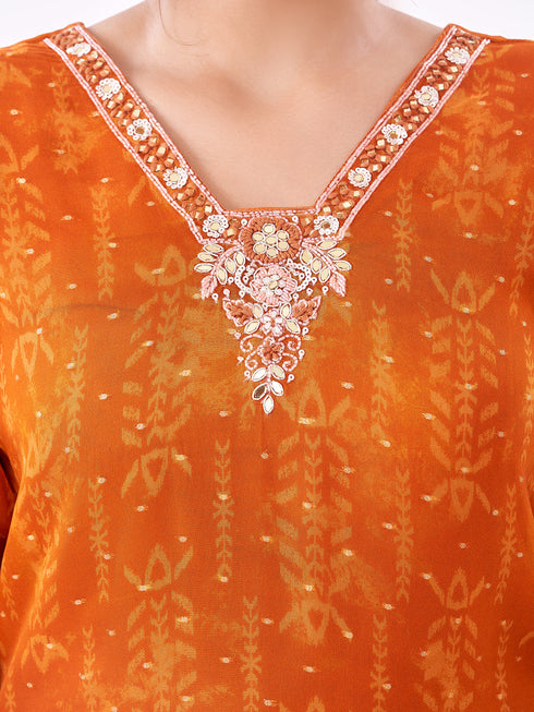 Amchoor Orange Organza Solid Kurti Set for Womens