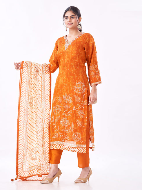 Amchoor Orange Organza Solid Kurti Set for Womens