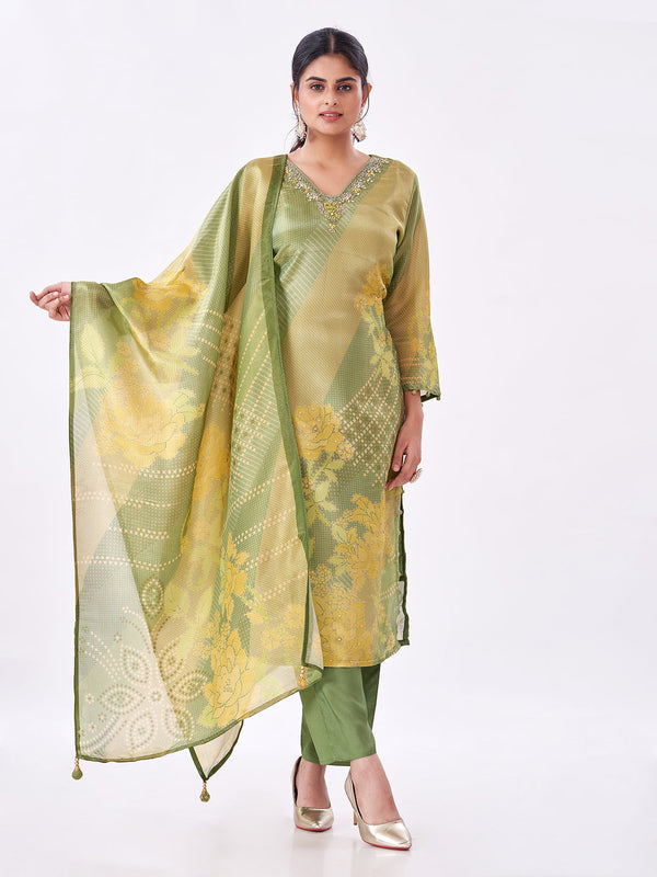 Amchoor Green Tissue Digital Prints Kurti Set for Womens