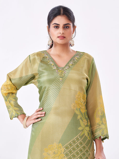 Amchoor Green Tissue Digital Prints Kurti Set for Womens