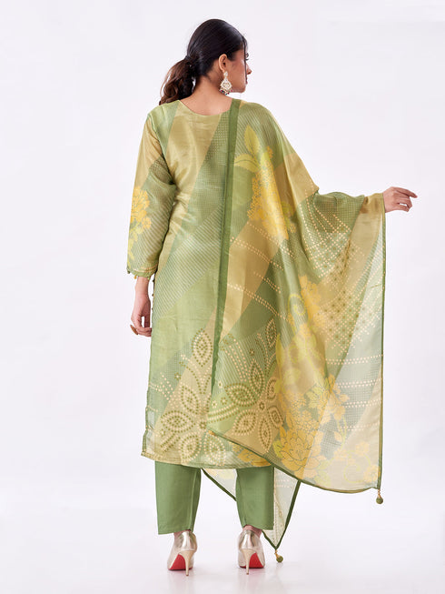 Amchoor Green Tissue Digital Prints Kurti Set for Womens