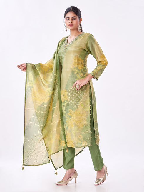 Amchoor Green Tissue Digital Prints Kurti Set for Womens