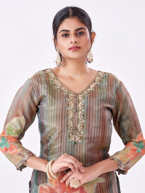 Amchoor Grey Tissue Digital Prints Kurti Set for Womens