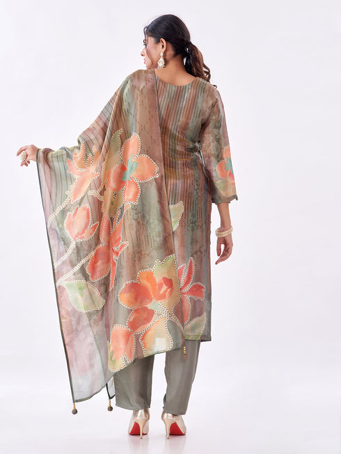 Amchoor Grey Tissue Digital Prints Kurti Set for Womens