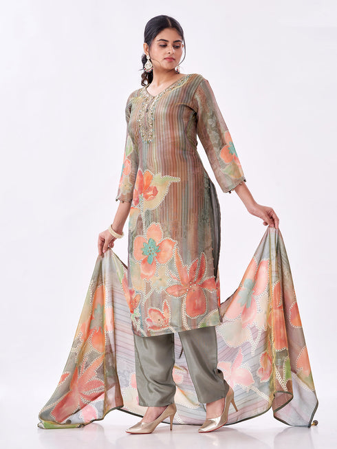Amchoor Grey Tissue Digital Prints Kurti Set for Womens