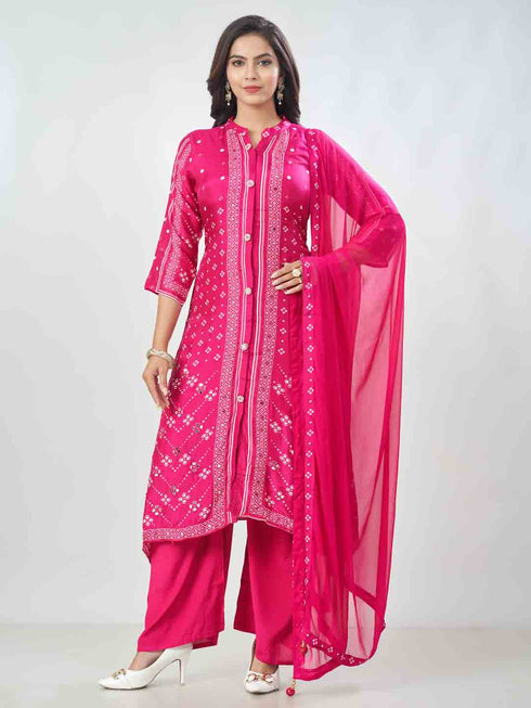 Amchoor Fuchsia Russian Silk Ethnic Motifs Kurta Sets For Womens