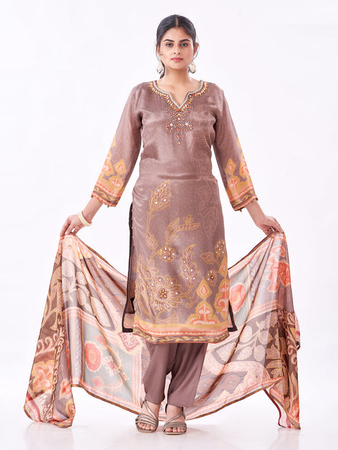 Amchoor Brown Silk Digital Prints Kurti Set for Womens