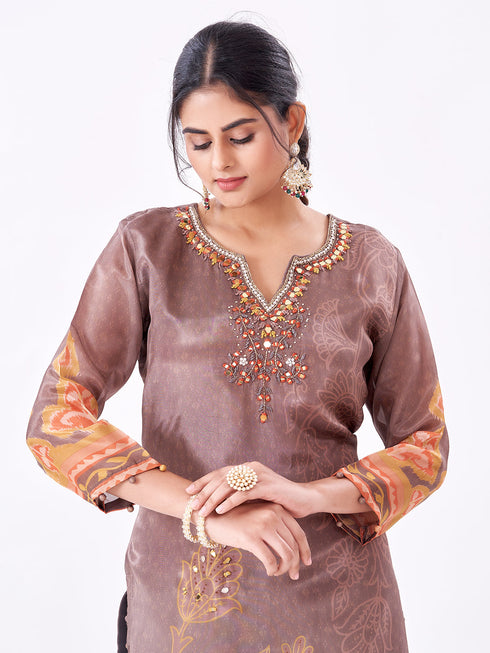 Amchoor Brown Silk Digital Prints Kurti Set for Womens