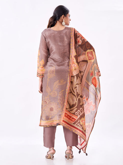Amchoor Brown Silk Digital Prints Kurti Set for Womens