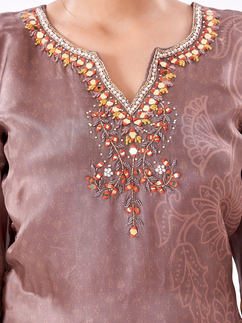 Amchoor Brown Silk Digital Prints Kurti Set for Womens