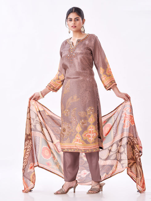 Amchoor Brown Silk Digital Prints Kurti Set for Womens