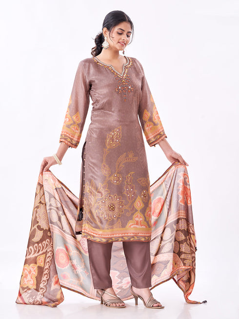 Amchoor Brown Silk Digital Prints Kurti Set for Womens