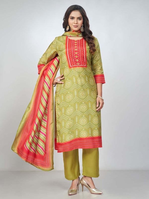 Amchoor Green Russian Silk Bandhani Kurta Sets for Womens