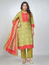 Amchoor Green Russian Silk Bandhani Kurta Sets for Womens