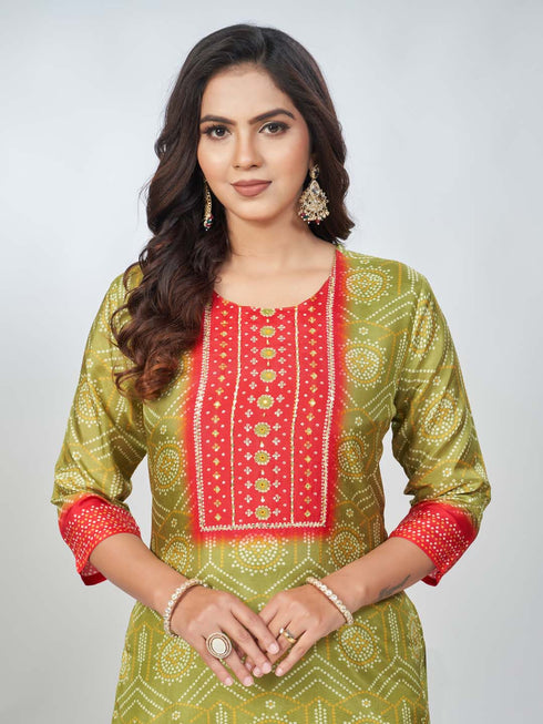 Amchoor Green Russian Silk Bandhani Kurta Sets for Womens