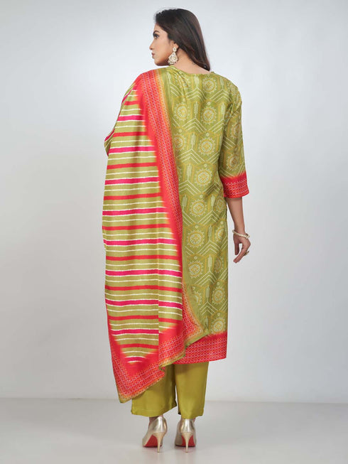 Amchoor Green Russian Silk Bandhani Kurta Sets for Womens