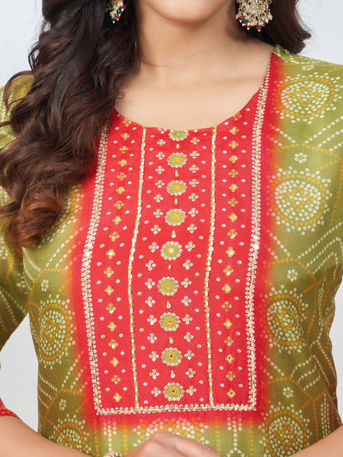 Amchoor Green Russian Silk Bandhani Kurta Sets for Womens