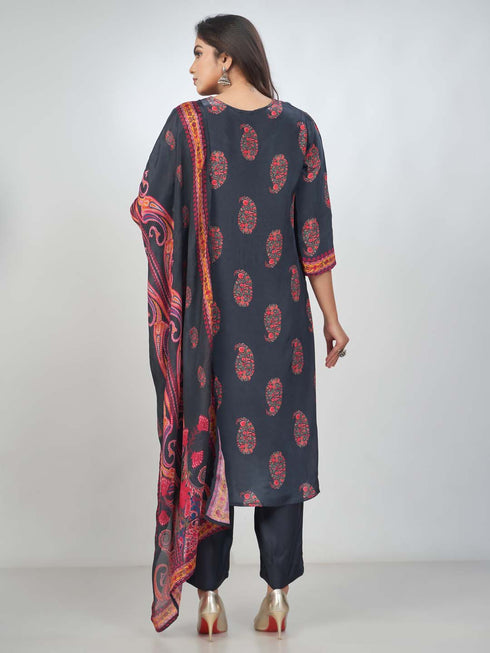 Amchoor Black Crepe Digital Prints Kurta Sets for Womens