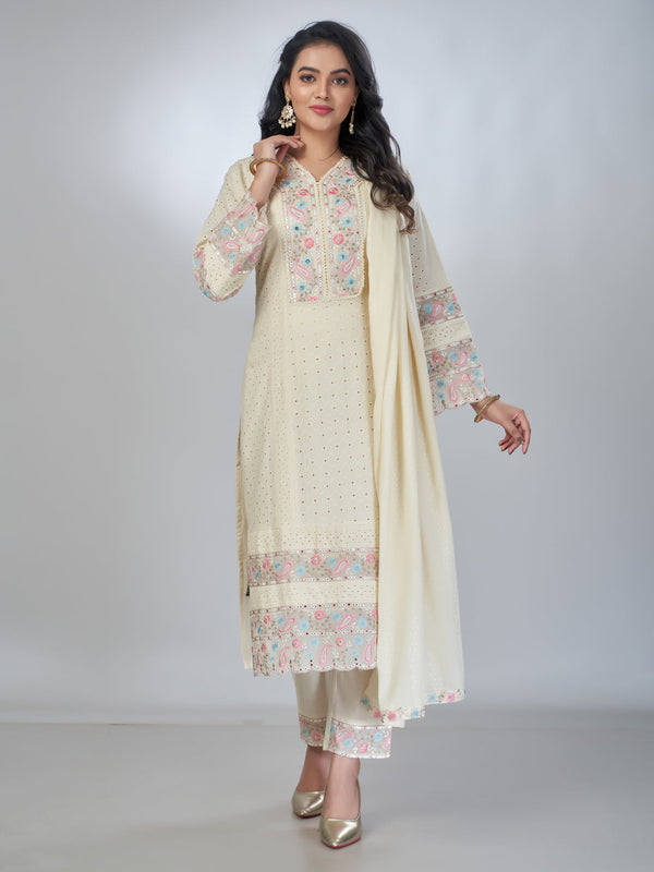 Amchoor Off White Cotton Embroidered Kurta Sets For Womens