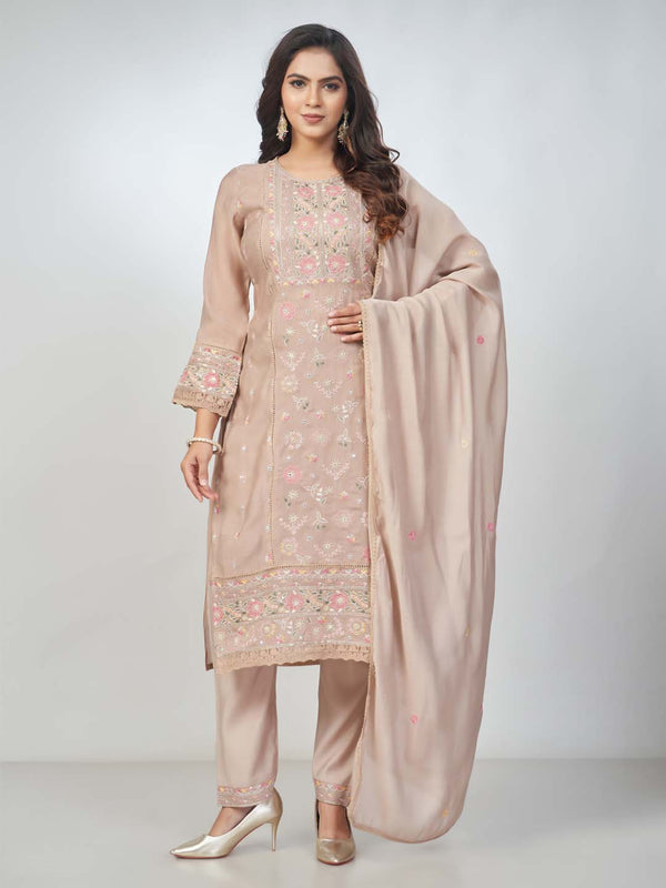 Amchoor Mauve Chanderi Embroidered Kurta Sets for Womens