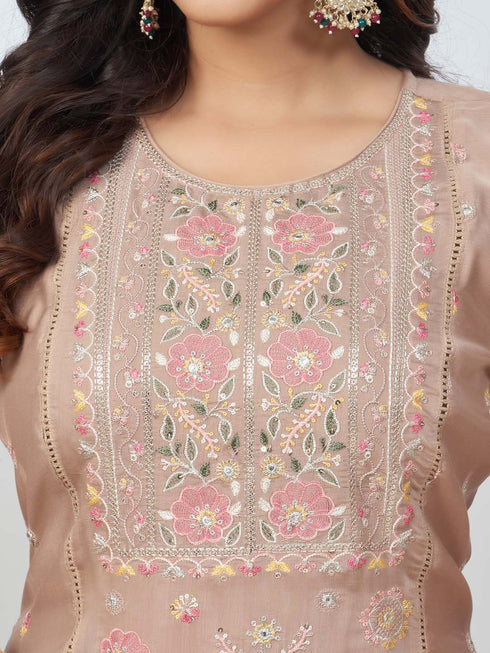 Amchoor Mauve Chanderi Embroidered Kurta Sets for Womens