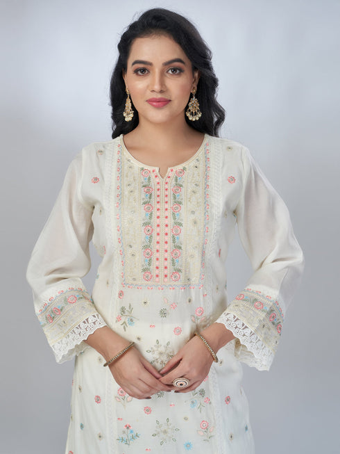 Amchoor Cream Mul Chanderi Solid Kurta Sets For Womens