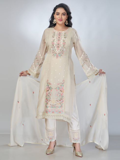 Amchoor Beige Organza Solid Kurta Sets For Womens