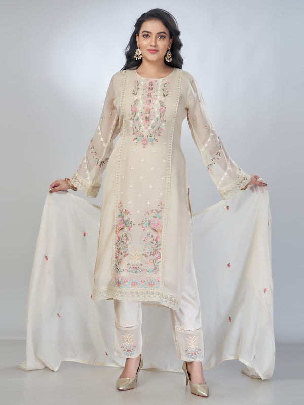 Amchoor Beige Organza Solid Kurta Sets For Womens