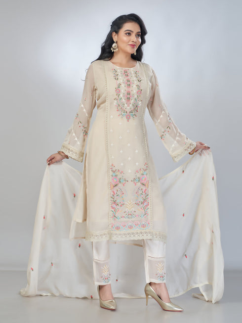 Amchoor Beige Organza Solid Kurta Sets For Womens