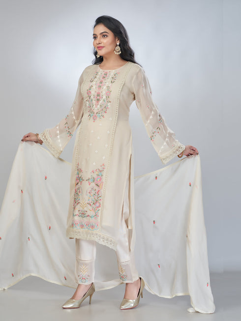 Amchoor Beige Organza Solid Kurta Sets For Womens