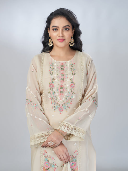 Amchoor Beige Organza Solid Kurta Sets For Womens