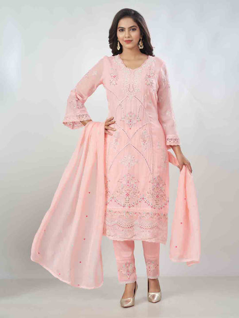 Amchoor Pink Organza Embroidered Kurta Sets For Womens
