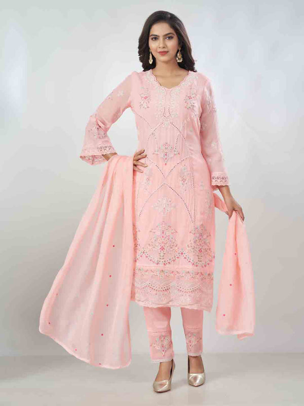 Amchoor Pink Organza Embroidered Kurta Sets For Womens