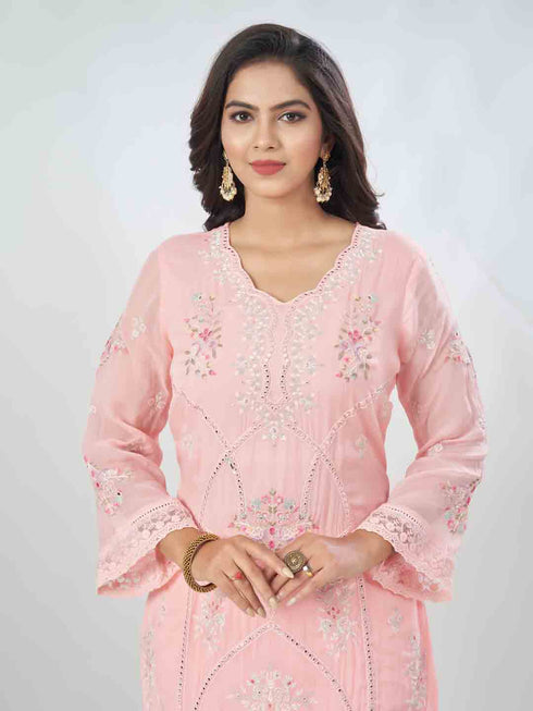 Amchoor Pink Organza Embroidered Kurta Sets For Womens