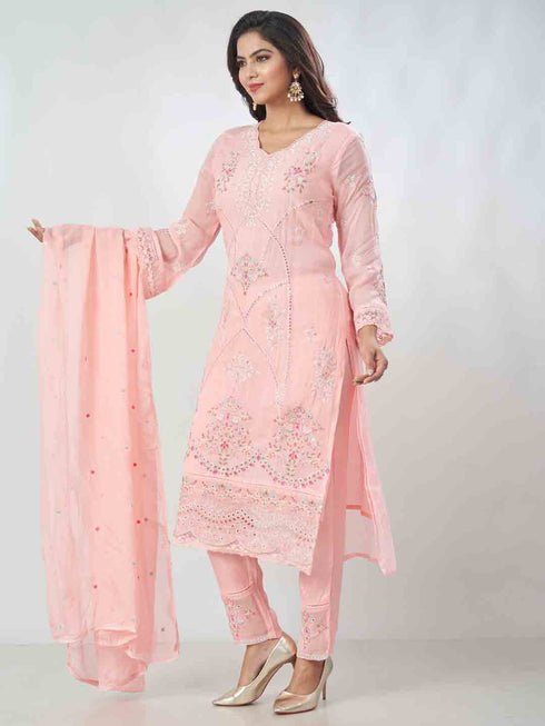 Amchoor Pink Organza Embroidered Kurta Sets For Womens