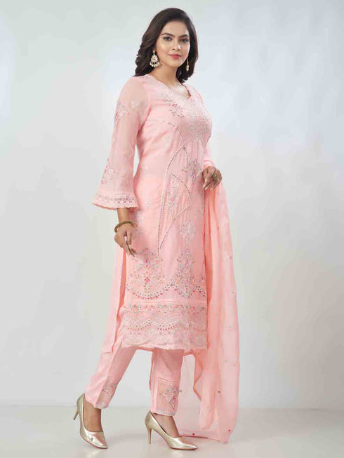 Amchoor Pink Organza Embroidered Kurta Sets For Womens