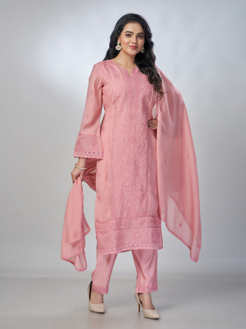 Amchoor Pink Mul Chanderi Embroidered Kurta Sets For Womens