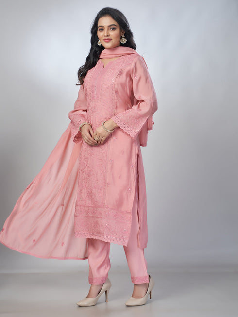 Amchoor Pink Mul Chanderi Embroidered Kurta Sets For Womens