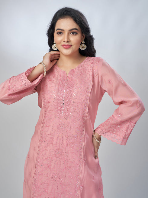 Amchoor Pink Mul Chanderi Embroidered Kurta Sets For Womens